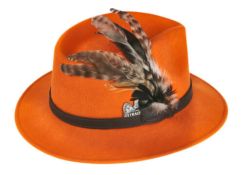 Damski kapelusz myśliwski TETRAO – pomarańczowy ze skórzanym paskiem i piórkami